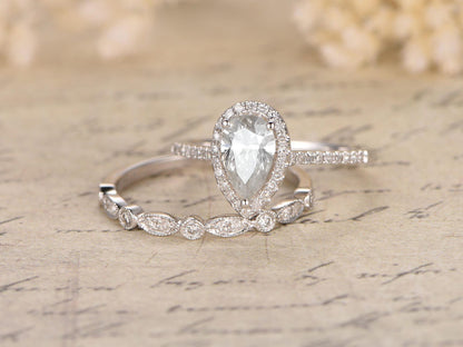 5x7mm-pear-cut-moissanite-engagement-ring-set-2pcs-14k-white-gold-diamond-halo-art-deco-band