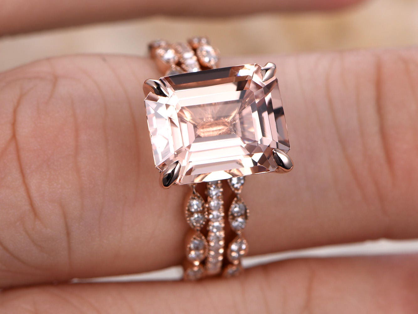 9x11mm Emerald Cut Morganite Engagement Ring Set 3pcs Solitaire | Two Art Deco Matching Band