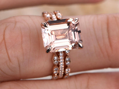 9x11mm Emerald Cut Morganite Engagement Ring Set 3pcs Solitaire | Two Art Deco Matching Band