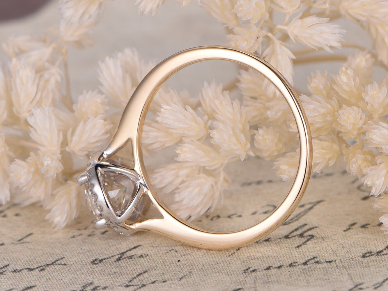6.5mm-round-cut-moissanite-engagement-ring-14k-yellow-gold-and-white-gold-diamond-halo-plain-band