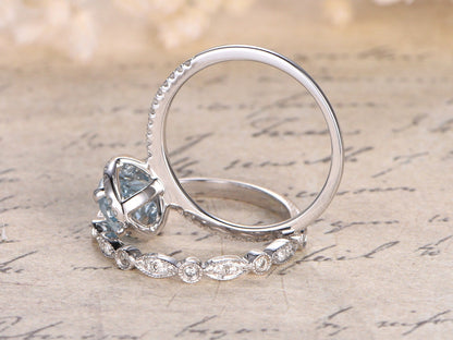 Ensemble de 2 bagues, bague en or blanc 14 carats avec aigue-marine ovale 6x8 mm et alliance assortie en diamant style Art déco, bague de fiançailles, bague d'anniversaire, bague de mariée