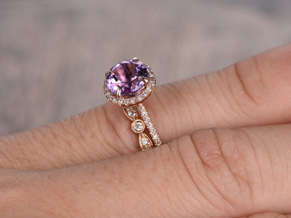 6.5mm Round Cut Amethyst Engagement Ring Set 2pcs Halo Diamond 14K Rose Gold Half Eternity