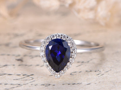 6x8mm Pear Cut Blue Sapphire Engagement Ring 14K White Gold Diamond Halo Plain Band