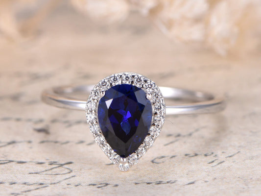6x8mm Pear Cut Blue Sapphire Engagement Ring 14K White Gold Diamond Halo Plain Band