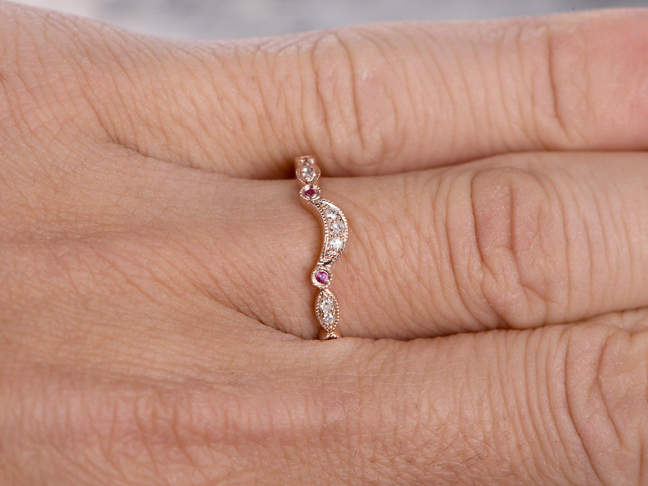 diamond-ruby-wedding-band-milgrain-art-deco-half-eternity-band-bezel-set-marquise-and-dot-ring-in-14k-rose-gold