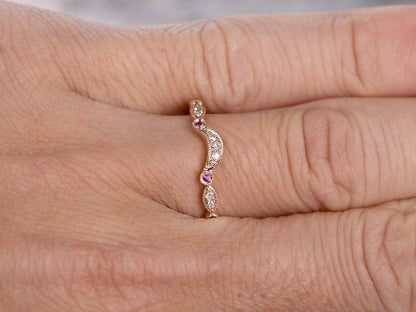 diamond-ruby-wedding-band-milgrain-art-deco-half-eternity-band-bezel-set-marquise-and-dot-ring-in-14k-rose-gold