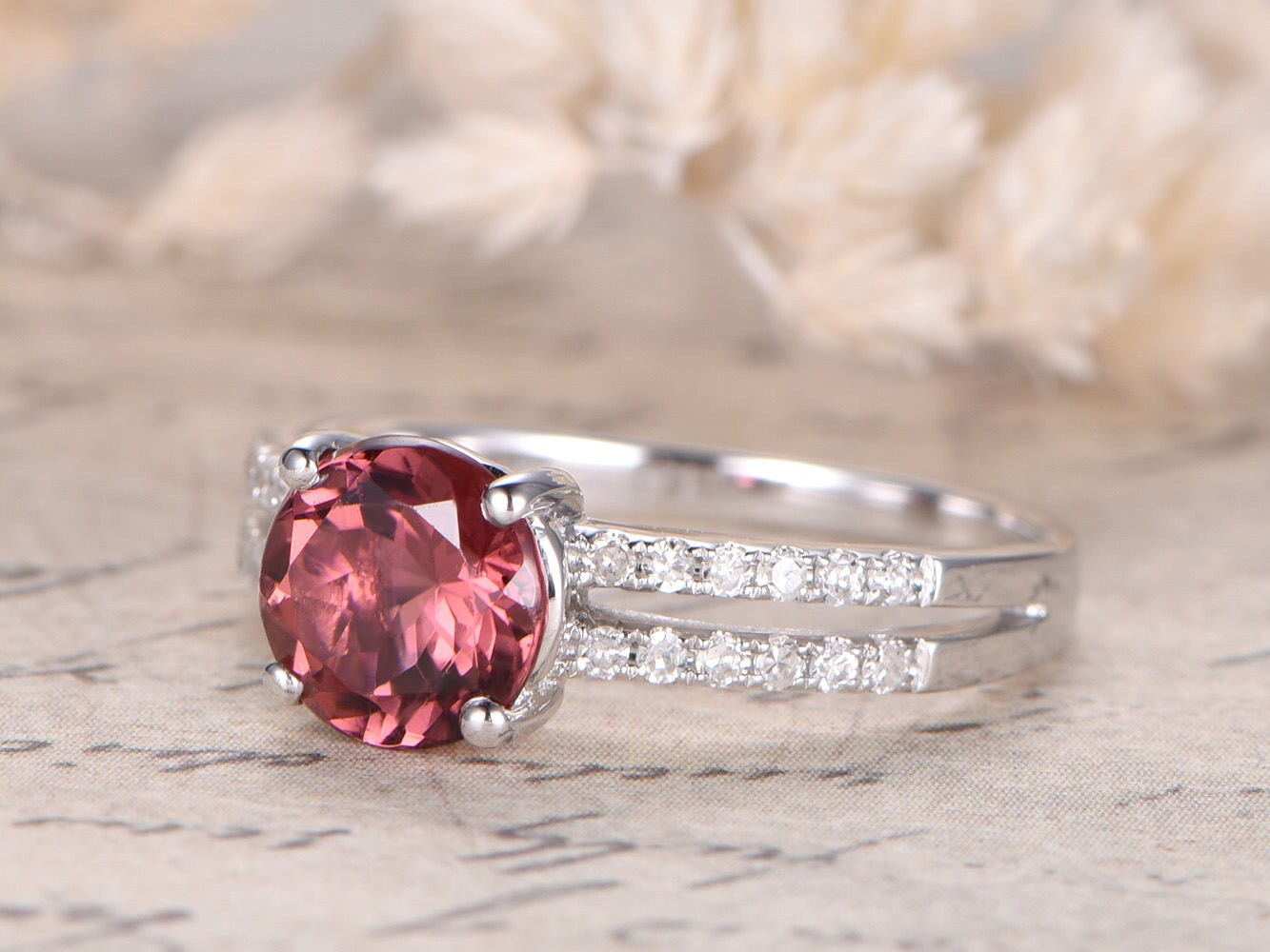 7mm Round Cut Pink Tourmaline Engagement Ring 14K White Gold Diamond Half Eternity