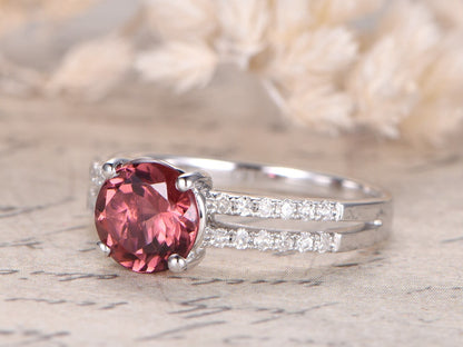 7mm Round Cut Pink Tourmaline Engagement Ring 14K White Gold Diamond Half Eternity
