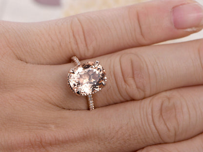 Bague de fiançailles ovale en morganite 9x11mm, bague en or rose avec morganite et diamants, alliance, bague de demande en mariage, bague d'anniversaire, cadeau pour elle