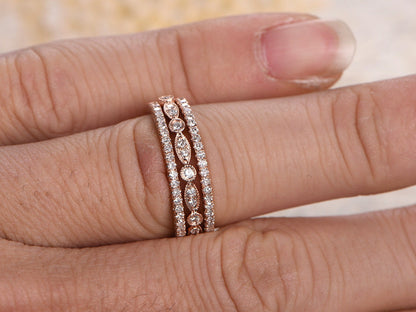 Diamond Wedding Band Set 3pcs 14k Rose Gold | Two Thin Band | One Art Deco Band