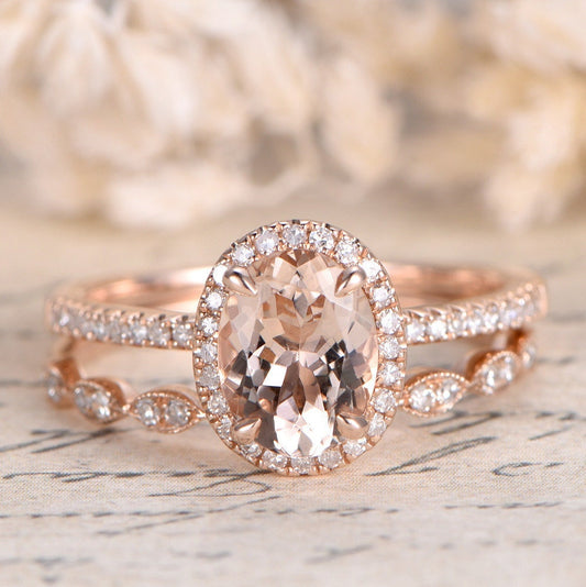 7x9mm-oval-cut-morganite-engagement-ring-set-2pcs-14k-rose-gold-halo-diamond-art-deco-stacking-band