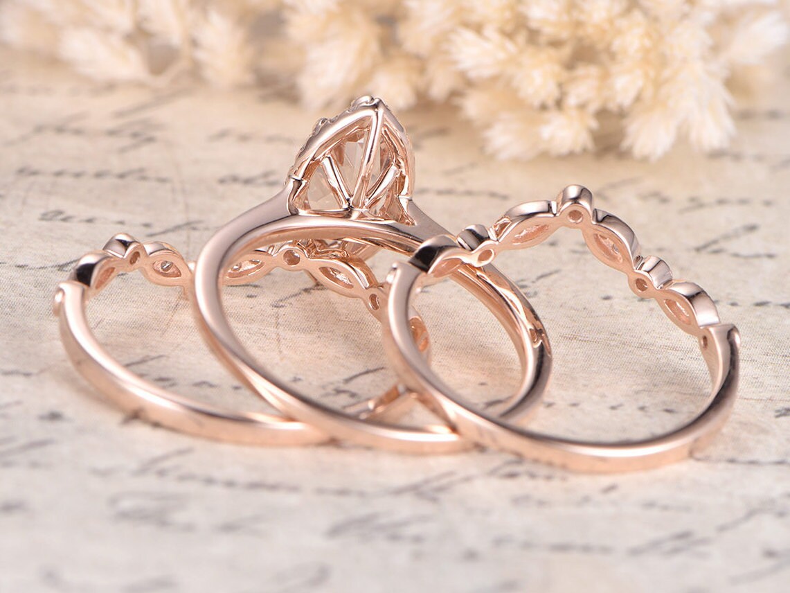 5x10mm Marquise Cut Morganite Engagement Ring Set 3pcs Diamond Halo | Two Art Deco Matching Band