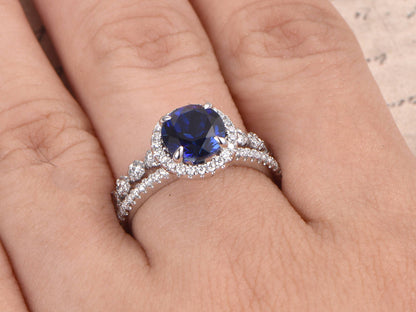 7mm Round Cut Blue Sapphire Engagement Ring Set 2pcs 14K White Gold Diamond Halo | Art Deco Matching Band