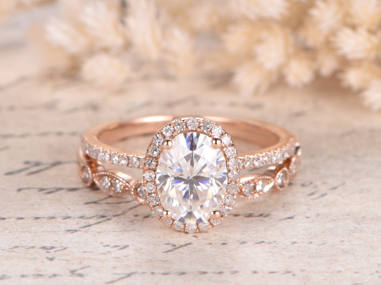 Ensemble de bagues de fiançailles en moissanite ovale, or blanc, alliance en moissanite 6x8 mm, bague de mariage en diamant, bagues en moissanite, ensemble de 2 bagues vintage