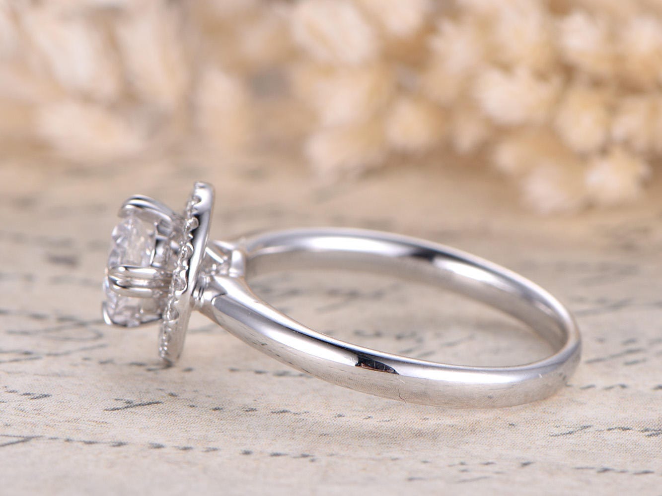 Bague en or blanc 14 carats avec moissanite, alliance, bague de fiançailles avec moissanite ronde de 5 mm, bague unique, bague en diamant, bague Art déco