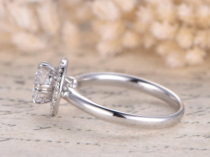 Bague en or blanc 14 carats avec moissanite, alliance, bague de fiançailles avec moissanite ronde de 5 mm, bague unique, bague en diamant, bague Art déco