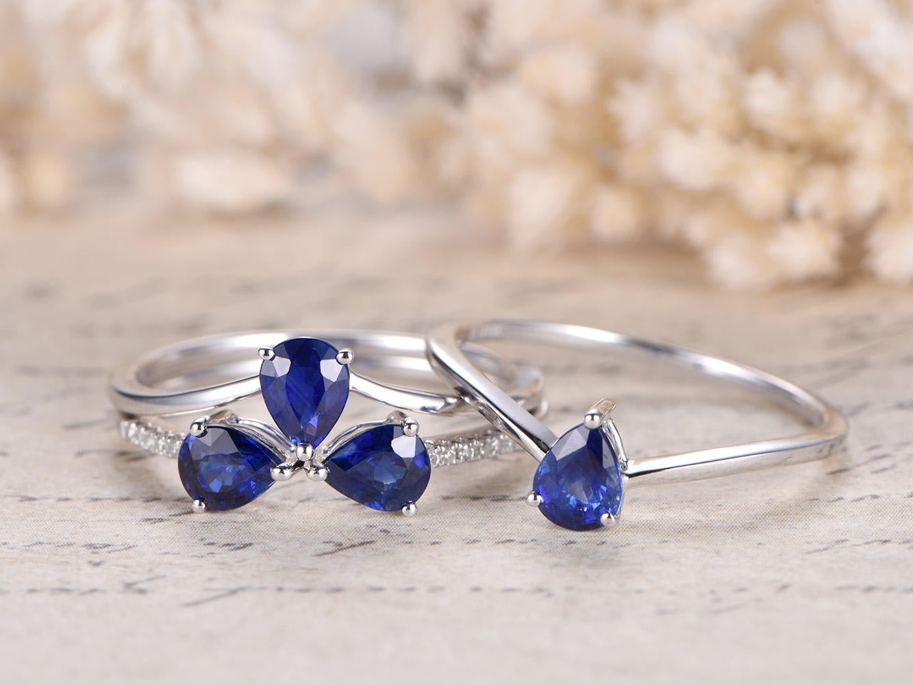Bague de fiançailles en tanzanite naturelle VS, anneau simple en or blanc 14 carats massif. Ensemble de 4 bagues de fiançailles et bagues de promesse décoratives.