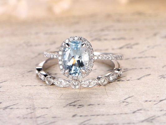 Ensemble de 2 bagues, bague en or blanc 14 carats avec aigue-marine ovale 6x8 mm et alliance assortie en diamant style Art déco, bague de fiançailles, bague d'anniversaire, bague de mariée