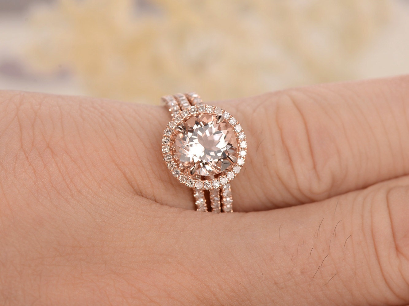 8mm Round Cut Morganite Engagement Ring Set 3pcs 14K Rose Gold Diamond Halo Half Eternity | Two Curved Band