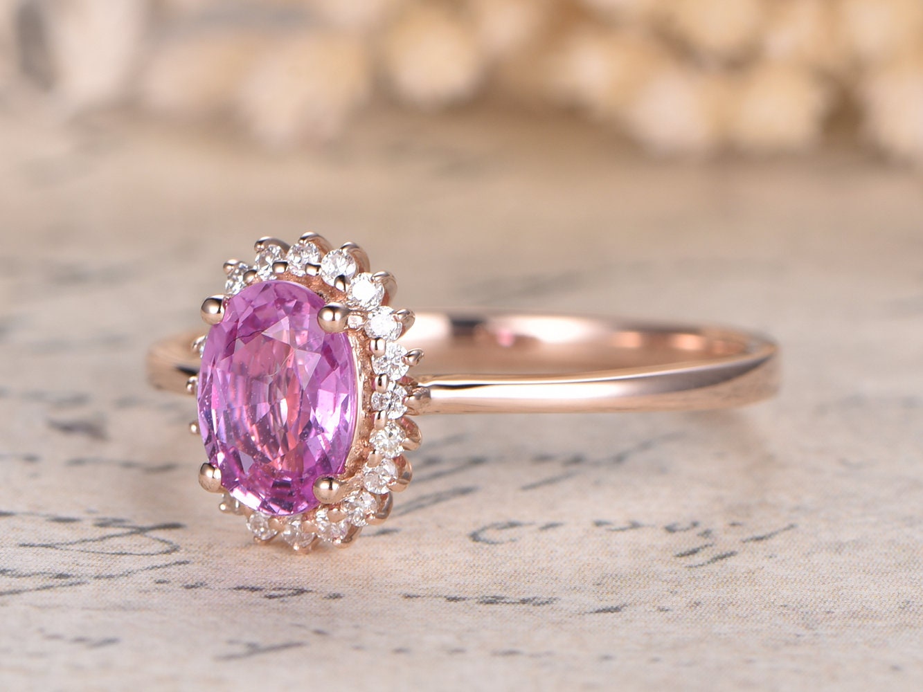 5x7mm Oval Cut Pink Sapphire Engagement Ring 14K Rose Gold Diamond Halo Plain Band