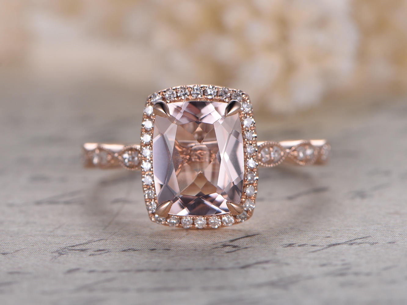 Bague de fiançailles en or rose 14 carats avec morganite naturelle VS, bague morganite ovale 7x9 mm, alliance en diamants, bague de mariée, halo de diamants, bague marquise