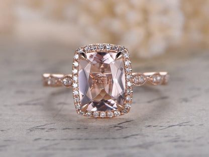 Bague de fiançailles en or rose 14 carats avec morganite naturelle VS, bague morganite ovale 7x9 mm, alliance en diamants, bague de mariée, halo de diamants, bague marquise