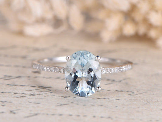 Bague de fiançailles VS en or blanc 14 carats, demi-alliance sertie de diamants, style cathédrale, aigue-marine ovale 7x9 mm.