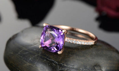 9mm Cushion Cut Amethyst Engagement Ring 14K Rose Gold Diamond Half Eternity