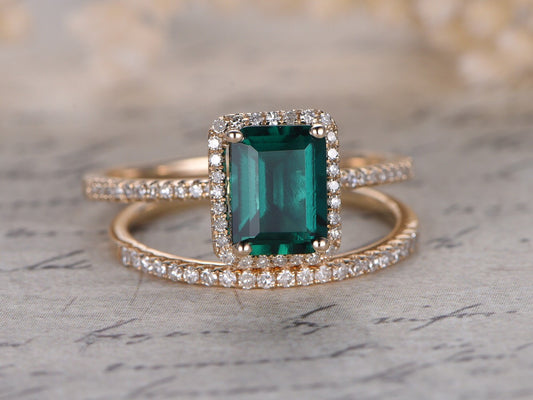 6x8mm-emerald-cut-emerald-engagement-ring-set-2pcs-14k-yellow-gold-diamond-halo-half-eternity-thin-matching-band