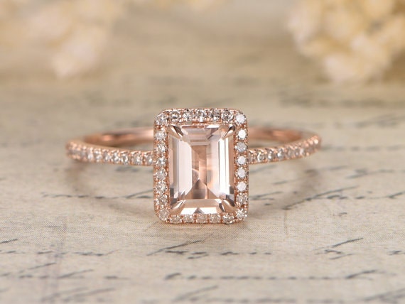 Bague de fiançailles Deco Morganite, alliance en or rose et diamants, bague morganite taille émeraude 6x8mm, bague femme diamant demi-alliance