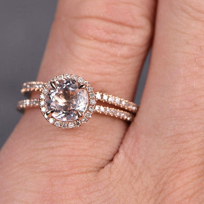 Bague de fiançailles en morganite ronde de 7 mm, alliance en or rose 14 carats massif avec diamants, style Art déco.