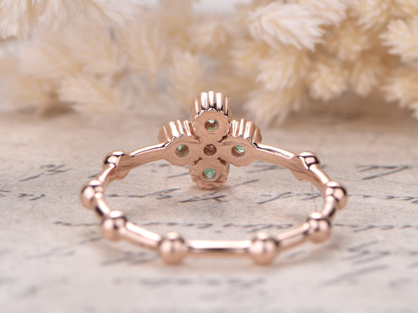 Bague de fiançailles en émeraude, alliance en or rose massif 14 carats avec diamants, bague en bambou, bague de fiançailles Art déco à motif floral, bague de promesse