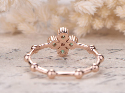 Bague de fiançailles en émeraude, alliance en or rose massif 14 carats avec diamants, bague en bambou, bague de fiançailles Art déco à motif floral, bague de promesse