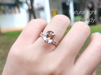 9x11mm Oval Cut Morganite Engagement Ring Set 2pcs 14K Rose Gold Diamond Half Eternity Solitaire | Thin Matching Band