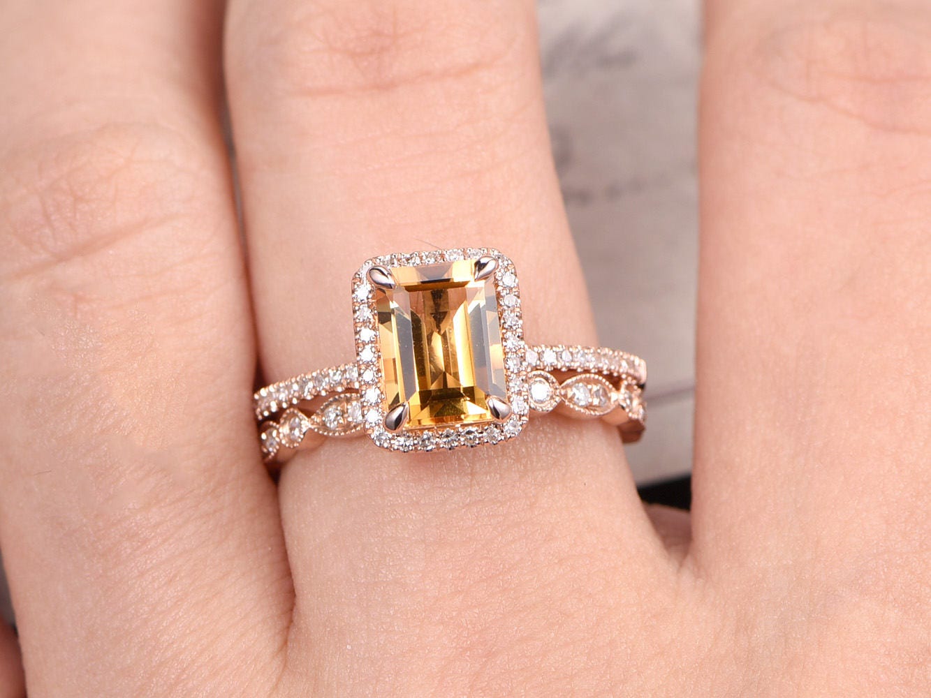 6x8mm Emerald Cut Citrine Engagement Ring Set 2pcs 14K Rose Gold Diamond Halo Art Deco | Thin Matching Band