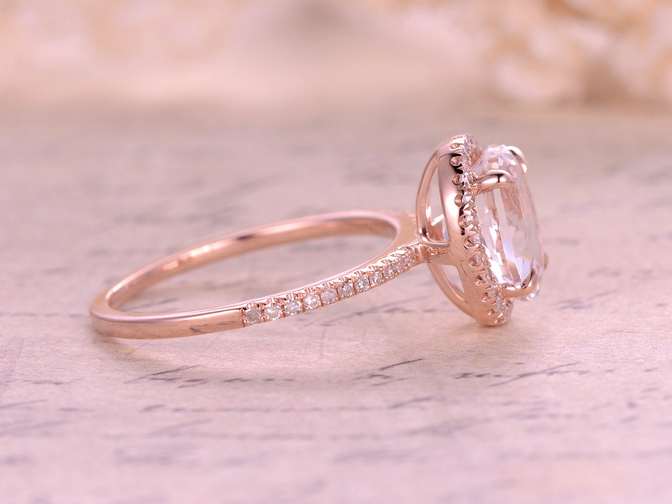 7x9mm Oval Cut White Topaz Engagement Ring 14K Rose Gold Diamond Halo Half Eternity