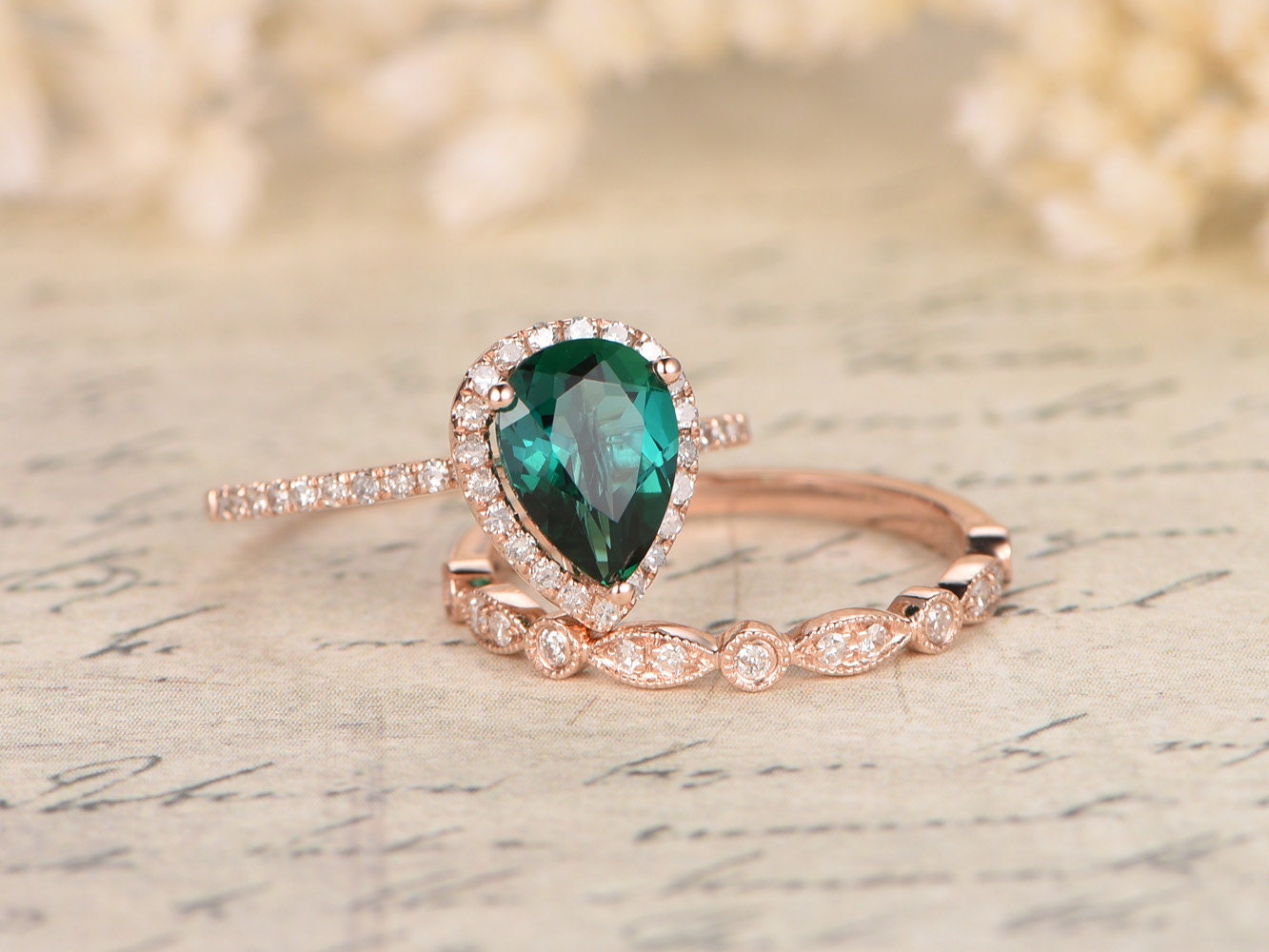 6x8mm-pear-cut-emerald-engagement-ring-set-2pcs-14k-rose-gold-diamond-halo-art-deco-matching-band