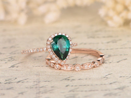 6x8mm-pear-cut-emerald-engagement-ring-set-2pcs-14k-rose-gold-diamond-halo-art-deco-matching-band
