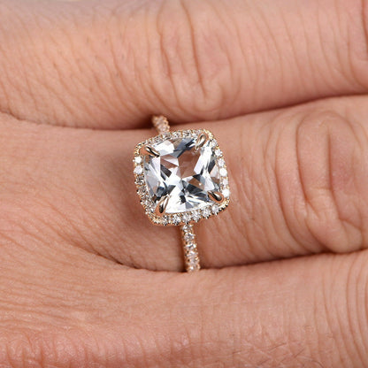 8mm Cushion Cut White Topaz Engagement Ring 14K Yellow Gold Diamond Halo