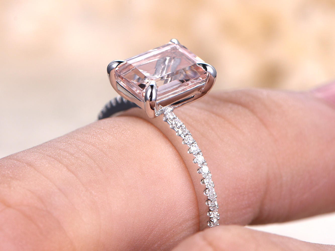 Bague en or blanc et morganite, bague de fiançailles en morganite, alliance en or blanc pour femme, bague de fiançailles taille émeraude 6 x 8 mm, or massif 14 carats