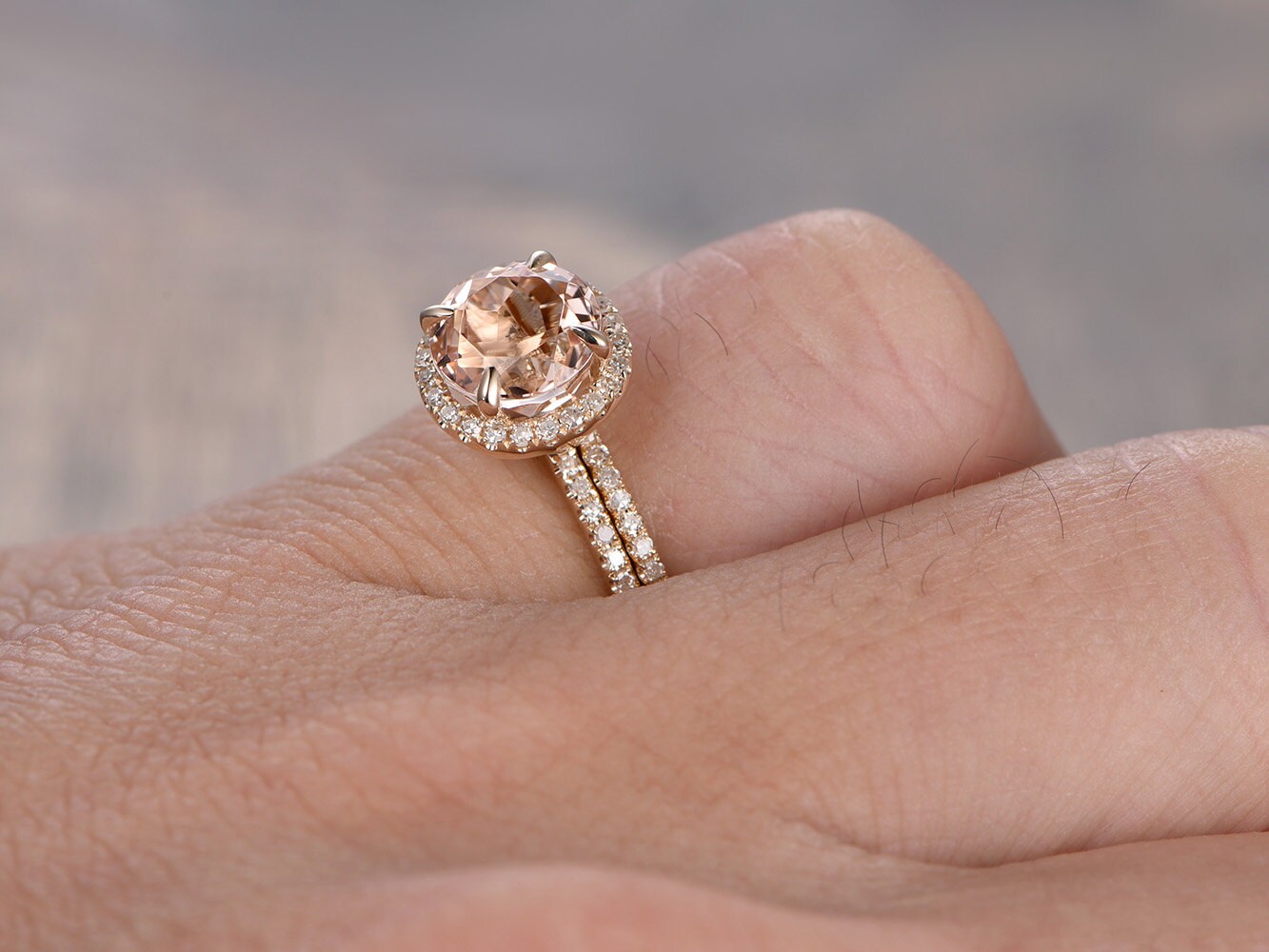 7mm-round-cut-morganite-engagement-ring-set-2pcs-14k-yellow-gold-diamond-halo-half-eternity-thin-matching-band