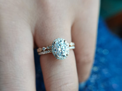 Bague en or blanc avec moissanite VVS 6x8 mm, bague de fiançailles ovale en moissanite 1,5 ct, alliance en or rose 14 carats avec halo de moissanite pour femme