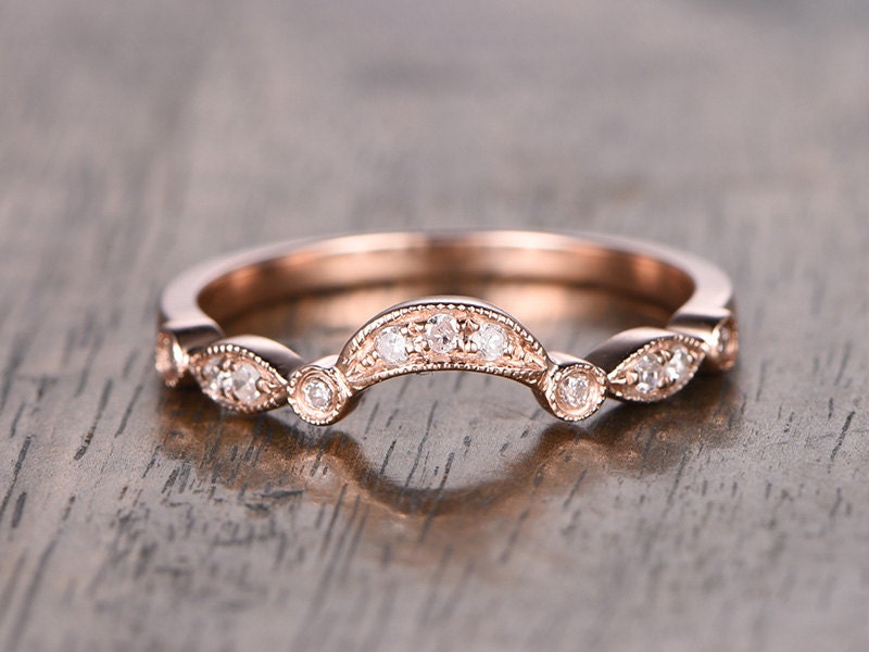 Bague personnalisée en or rose 14 carats, alliance arche, demi-alliance, bague empilable, sertie clos, bague marquise et point, moissanite disponible