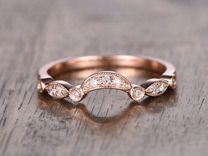Bague personnalisée en or rose 14 carats, alliance arche, demi-alliance, bague empilable, sertie clos, bague marquise et point, moissanite disponible