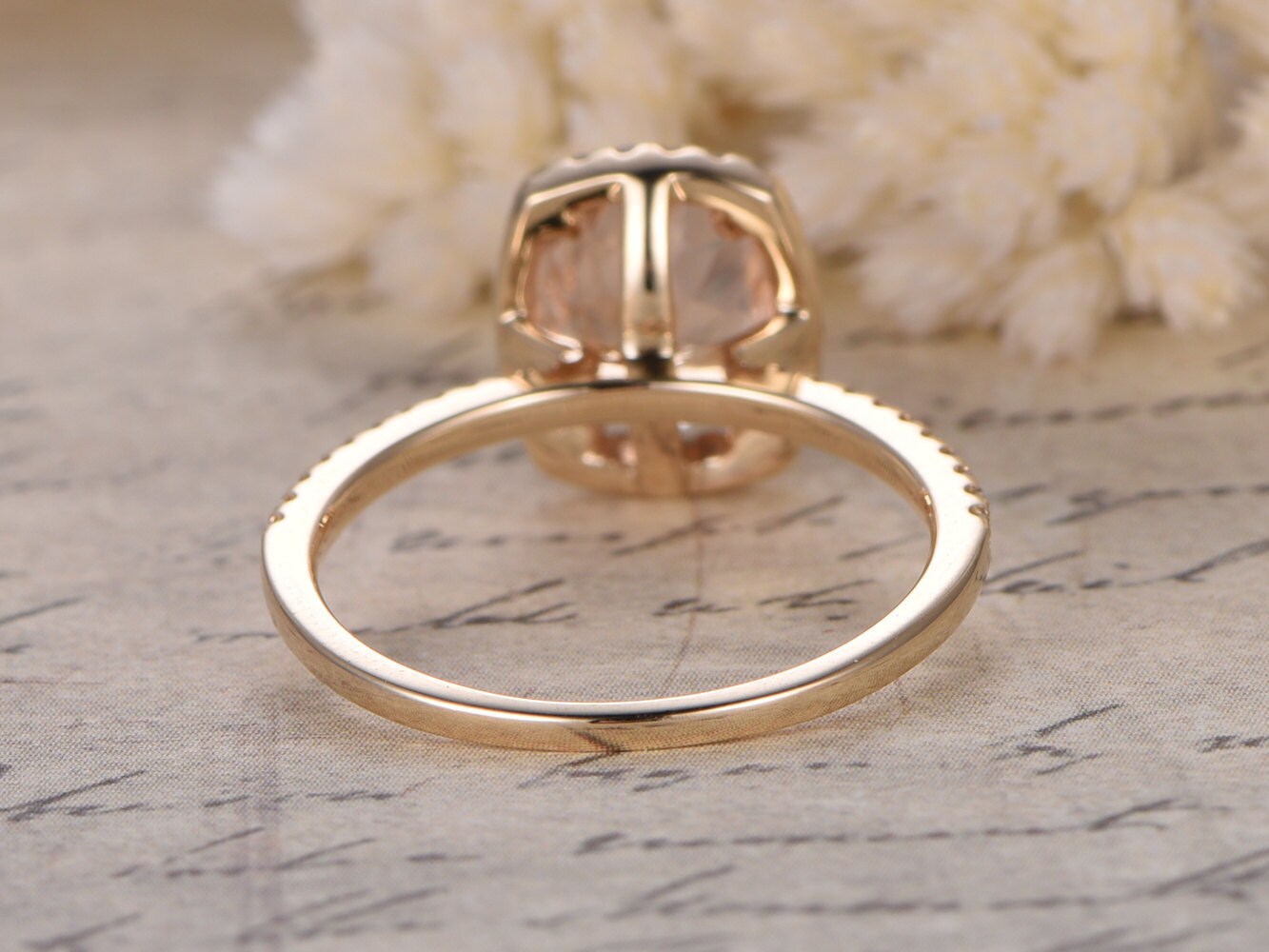 Bague de fiançailles en or jaune 14 carats avec morganite rose, bague de mariage avec diamants, pierre ovale 6x8mm, halo coussin, anneau pour femme