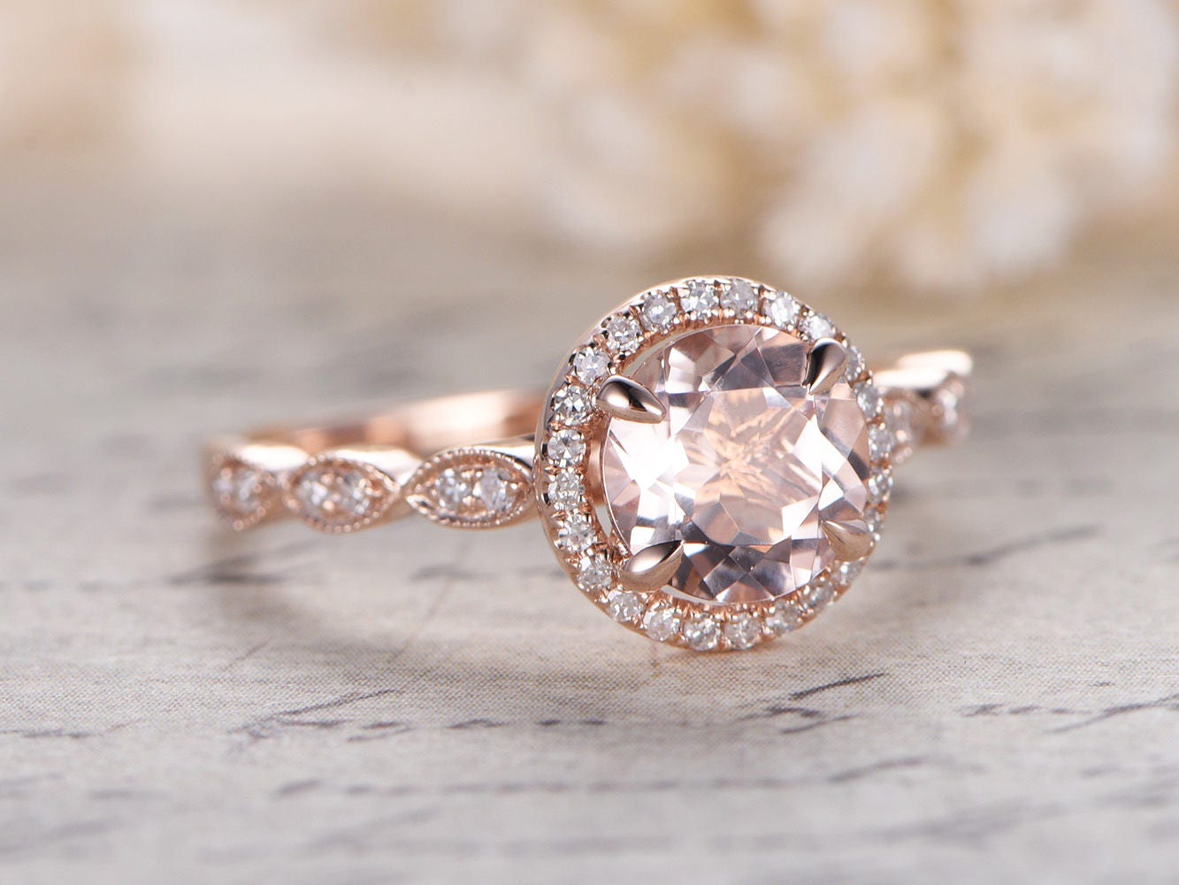 Bague en or rose 14 carats avec morganite rose de 7 mm, alliance sertie de diamants pavés et bague de promesse avec diamant marquise.