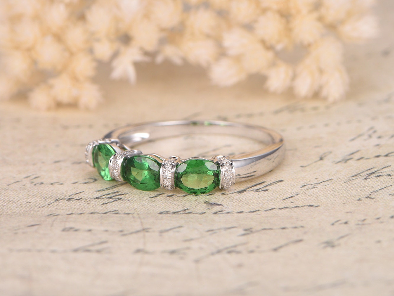 Triple 4x5mm Oval Cut Tsavorite Engagement Ring 14K White Gold