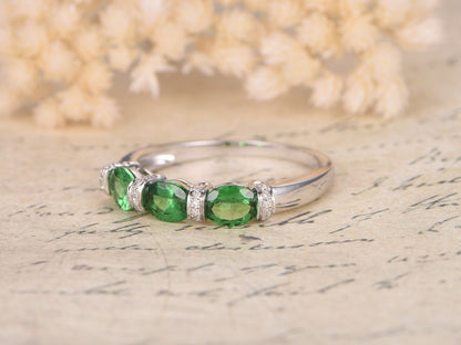 Triple 4x5mm Oval Cut Tsavorite Engagement Ring 14K White Gold