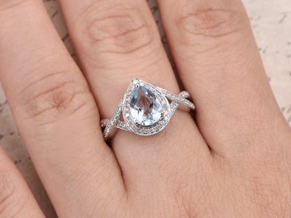 Bague en or blanc 14 carats avec aigue-marine, bague de fiançailles et alliance en diamant, anneau fendu, bague en diamant, aigue-marine décorative 6x8 mm