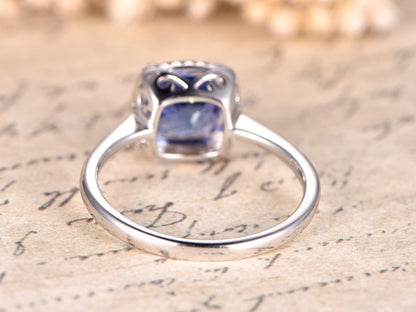 7.5mm Cushion Cut Tanzanite Engagement Ring 14K White Gold Diamond Halo